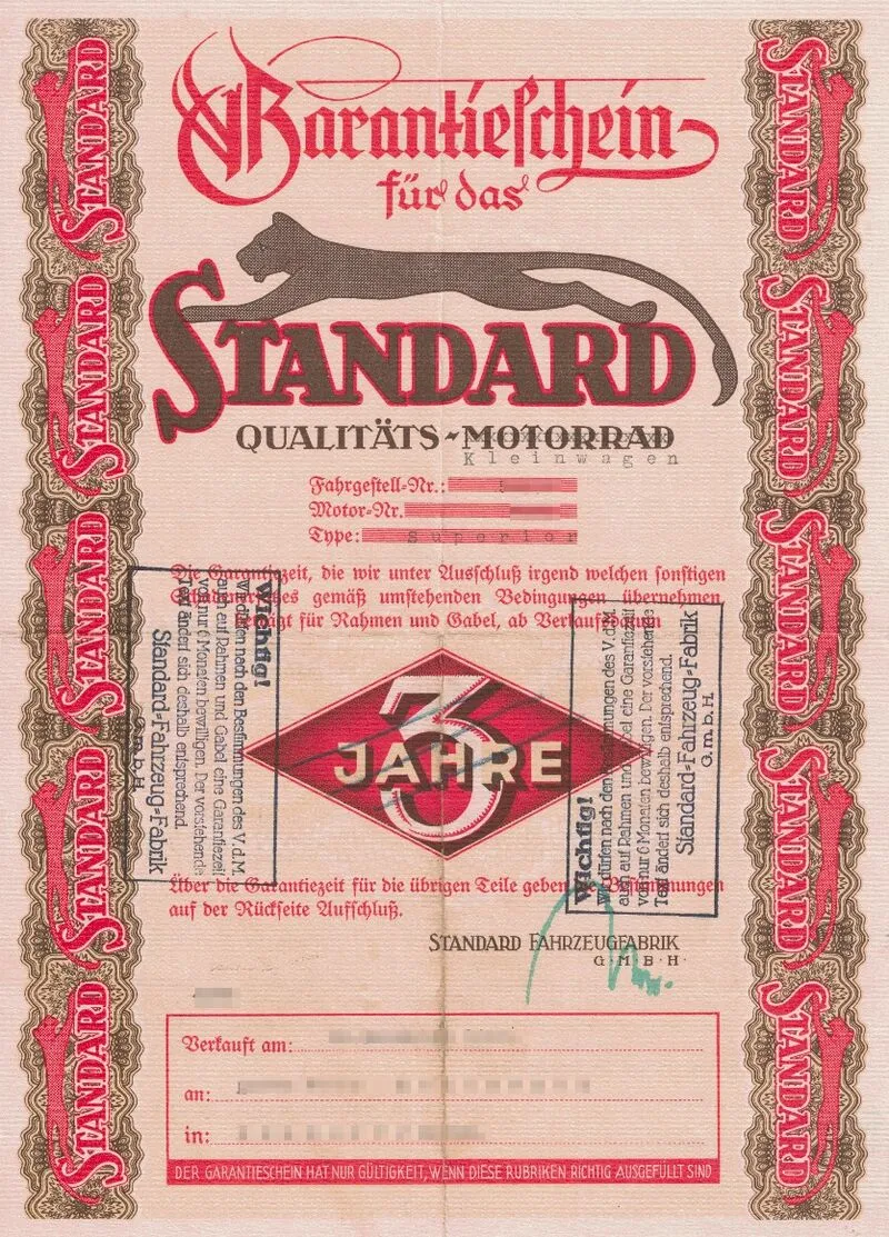 Original 1933 Garantieschein (warranty certificate) from Standard Fahrzeugfabrik
